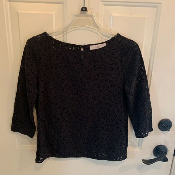 The Loft Navy lace 3/4 sleeve top w/button in back size XS - Picture 2 of 5